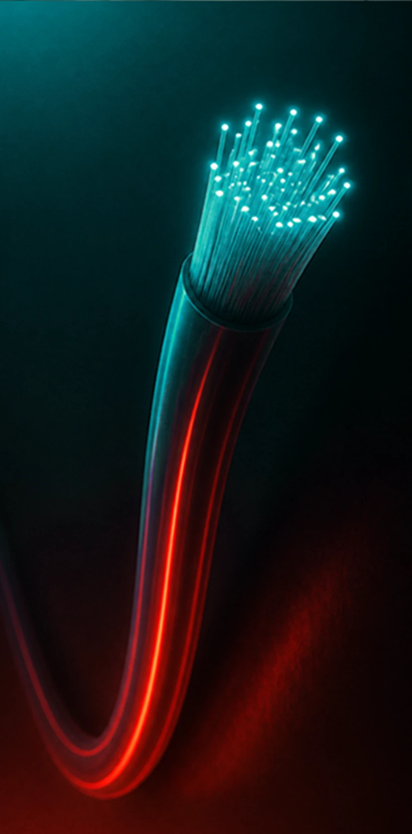 Leuchtender Glasfaser-Lichtleiter in Tuerkis und Rot